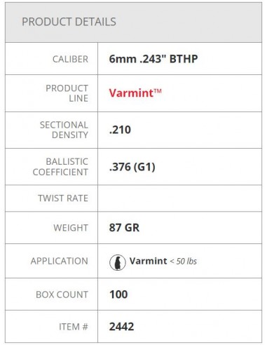 HORNADY PALLE BTHP 243" 87GR 100PZ.