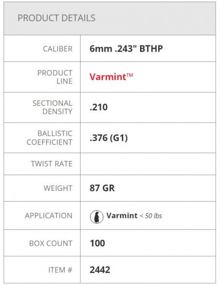 HORNADY BULLETS BTHP 243" 87GR 100PZ. HORNADY BULLETS BTHP 243" 87GR 100PZ.