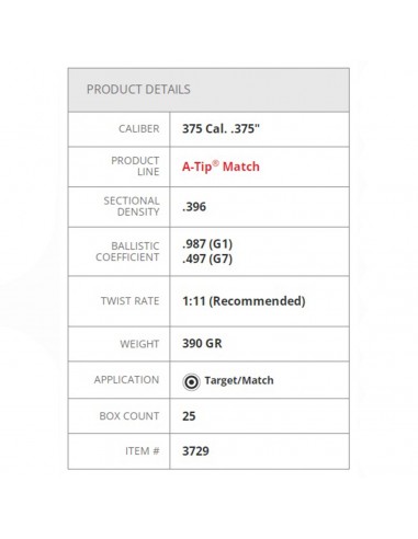 HORNADY PALLE A-TIP MATCH CAL.375 390GR 25PZ. HORNADY PALLE A-TIP MATCH CAL.375 390GR 25PZ.