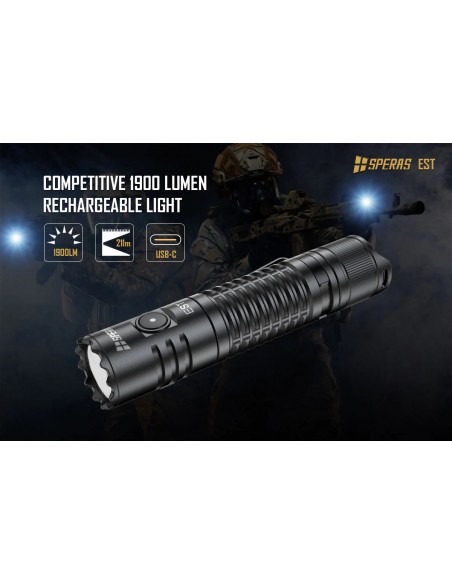 SPERAS FLASHLIGHT EST 211M 1900LM TACTICAL RECHARGEABLE USB-C SPERAS FLASHLIGHT EST 211M 1900LM TACTICAL RECHARGEABLE USB-C