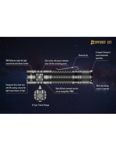 SPERAS FLASHLIGHT EST 211M 1900LM TACTICAL RECHARGEABLE USB-C SPERAS FLASHLIGHT EST 211M 1900LM TACTICAL RECHARGEABLE USB-C