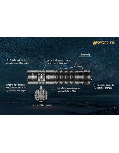 SPERAS TORCIA E10 175M 1300LM OUTDOOR CAMPING EDC USB-C SPERAS TORCIA E10 175M 1300LM OUTDOOR CAMPING EDC USB-C