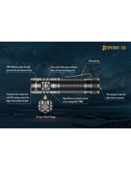 SPERAS FLASHLIGHT E10 175M 1300LM OUTDOOR CAMPING EDC USB-C SPERAS FLASHLIGHT E10 175M 1300LM OUTDOOR CAMPING EDC USB-C