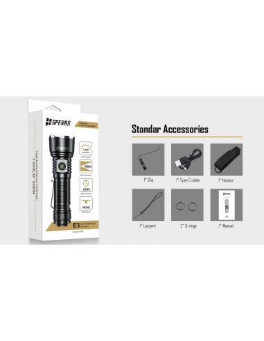 SPERAS FLASHLIGHT E3 350M 1300LM TACTICAL OUTDOOR USB-C SPERAS FLASHLIGHT E3 350M 1300LM TACTICAL OUTDOOR USB-C