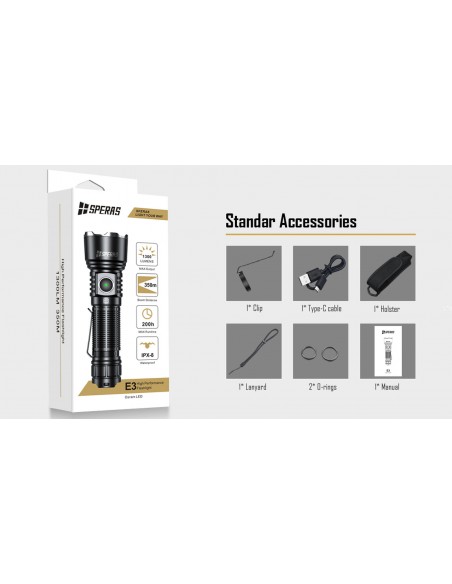 SPERAS FLASHLIGHT E3 350M 1300LM TACTICAL OUTDOOR USB-C SPERAS FLASHLIGHT E3 350M 1300LM TACTICAL OUTDOOR USB-C