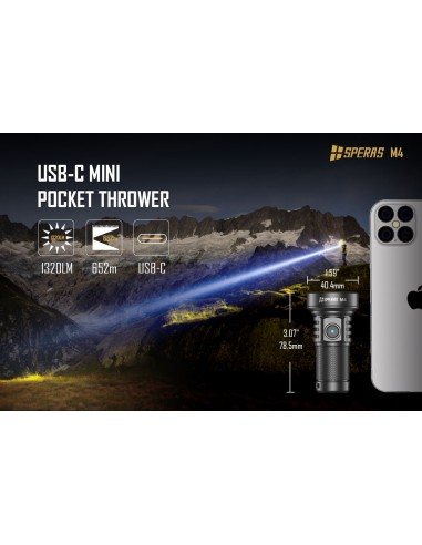 SPERAS FLASHLIGHT M4 MINI 652M 1320LM USB-C SPERAS FLASHLIGHT M4 MINI 652M 1320LM USB-C