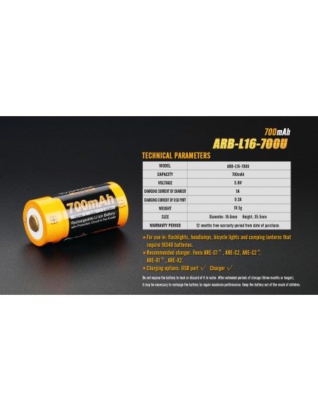 FENIX RECHARGEABLE BATTERY ARB-L16 700mAh FENIX RECHARGEABLE BATTERY ARB-L16 700mAh