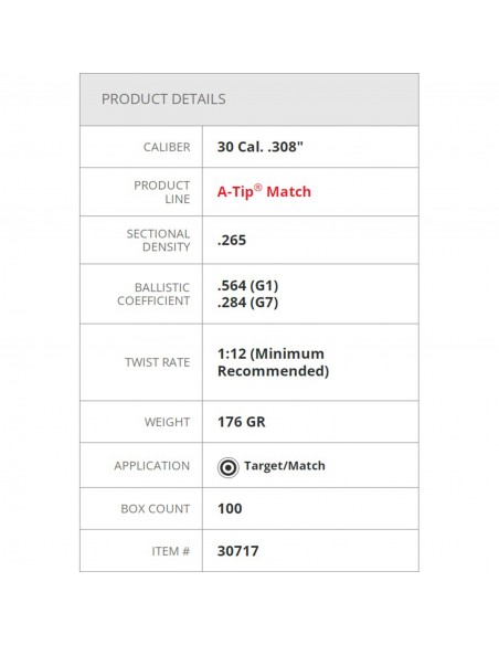 HORNADY PALLE A-TIP 308" 176GR 100PZ. HORNADY PALLE A-TIP 308" 176GR 100PZ.