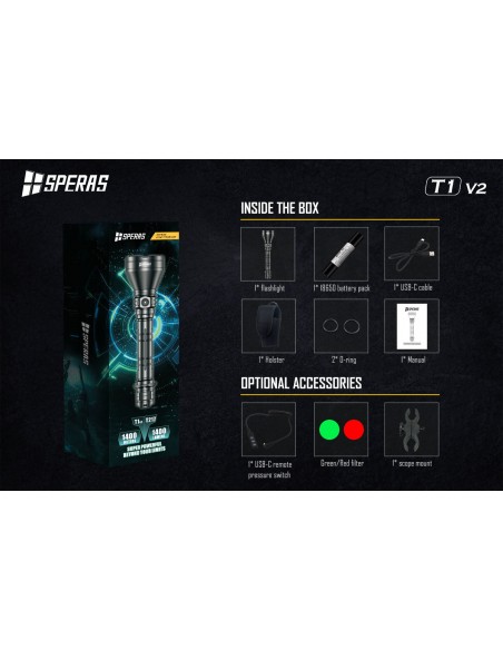 SPERAS TORCIA TATTICA RICARICABILE T1 V2 LONG RANGE 1400LM SPERAS TORCIA TATTICA RICARICABILE T1 V2 LONG RANGE 1400LM