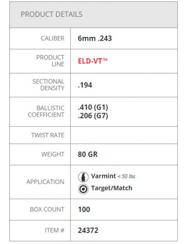 HORNADY BULLETS ELD-VT 243" 80GR 100PZ HORNADY BULLETS ELD-VT 243" 80GR 100PZ