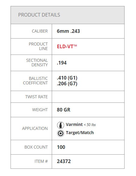 HORNADY BULLETS ELD-VT 243" 80GR 100PZ HORNADY BULLETS ELD-VT 243" 80GR 100PZ