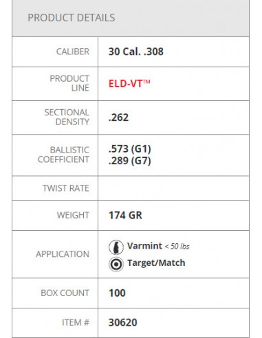 HORNADY BULLETS ELD-VT 308" 174GR 100PZ HORNADY BULLETS ELD-VT 308" 174GR 100PZ