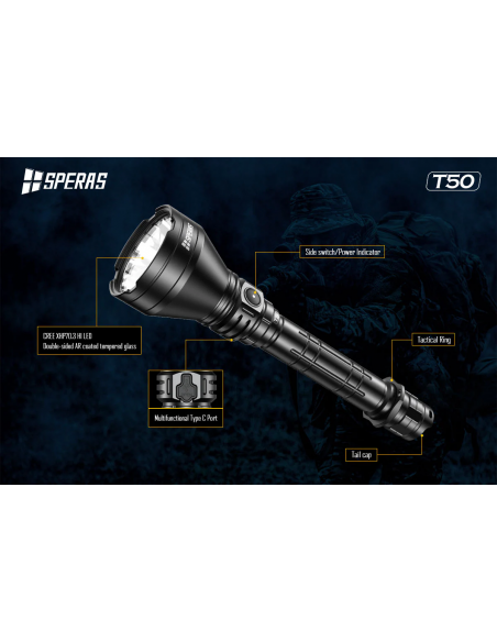 SPERAS T50K TORCIA DA CACCIA RICARICABILE USB-C SPERAS T50K TORCIA DA CACCIA RICARICABILE USB-C