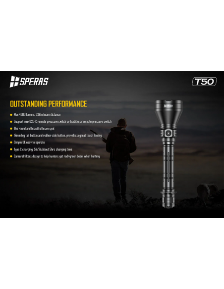 SPERAS T50K WIEDERAUFLADBARE JAGD TASCHENLAMPE USB-C SPERAS T50K WIEDERAUFLADBARE JAGD TASCHENLAMPE USB-C