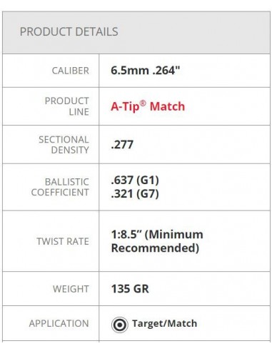 HORNADY BULLETS A-TIP 264" 135GR 500PZ. HORNADY BULLETS A-TIP 264" 135GR 500PZ.