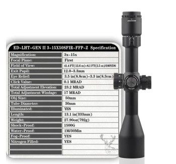 Discovery Optic ED-LHT Gen II 3-15x50 SFIR FFP-Z MRAD 2